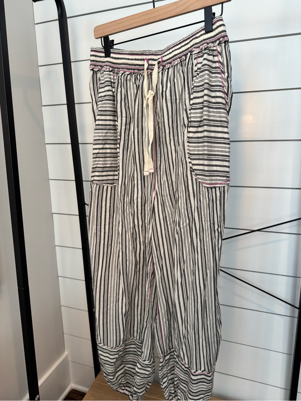 Free People Black, White & Pink Striped Drawstring Pants